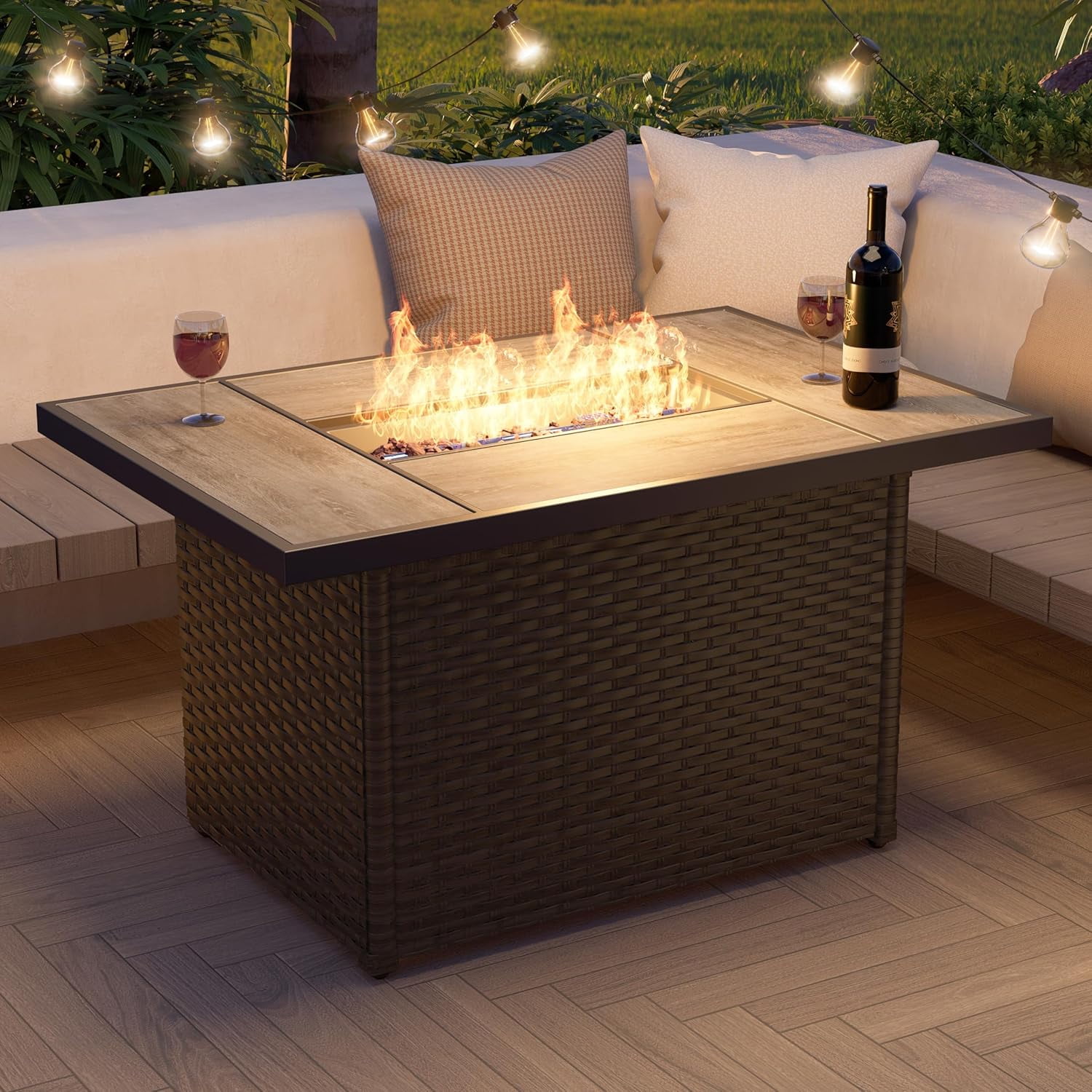 Outdoor Propane Fire Pit Table with Cover/Lid for Patio, 43 inch 50,000 BTU,Wicker/Rectangle , Lava Rocks for Outside Patio, Garden, Deck, Yard