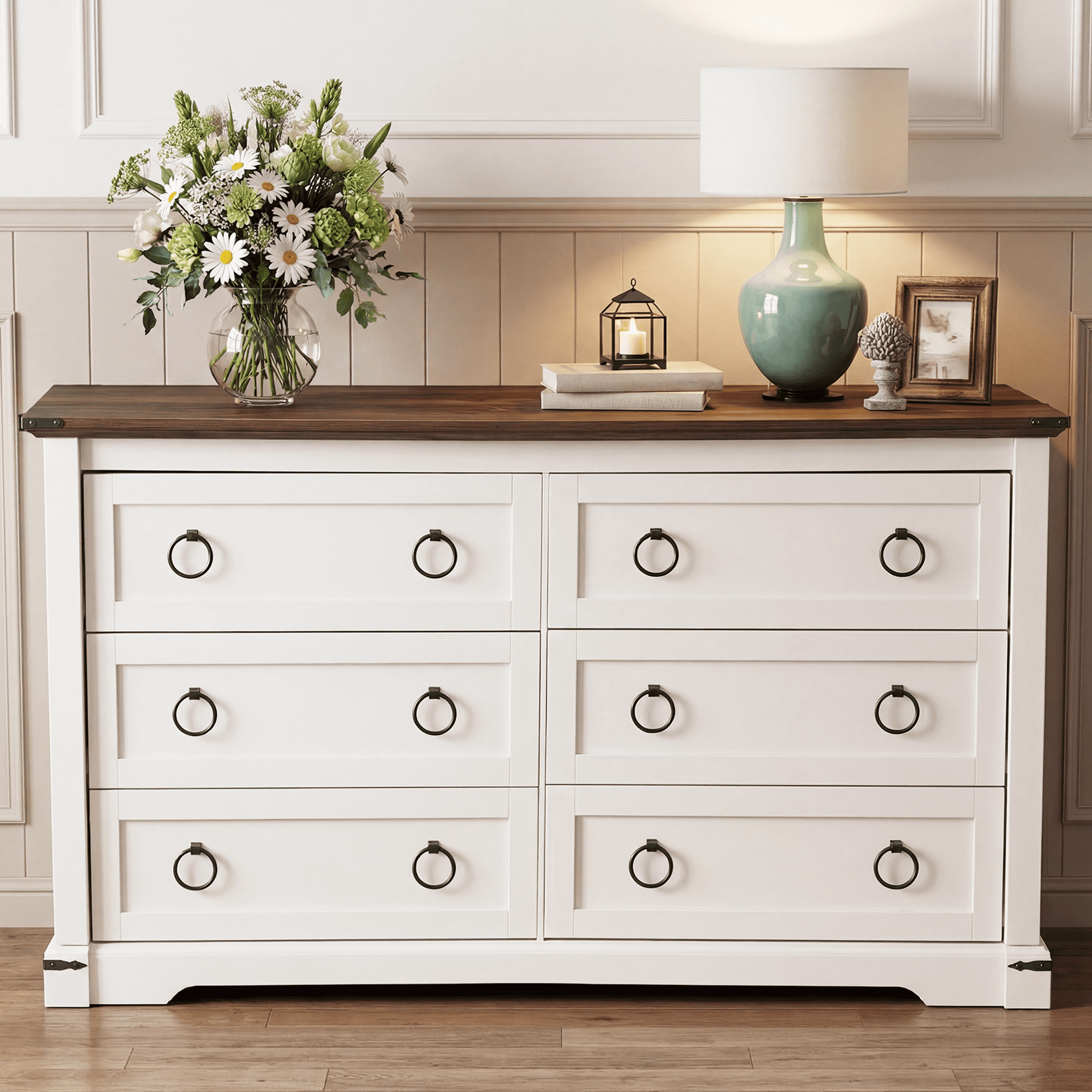 IULULU Wooden 6 Drawers Dresser for Bedroom, Vintage Wide Chest of Drawers for Living Room, Wood Storage Dressers Organizer