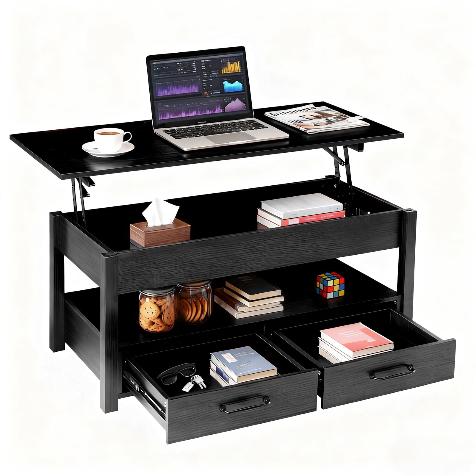 IULULU Lift Top Coffee Table with Drawers and Hidden Compartment,Black