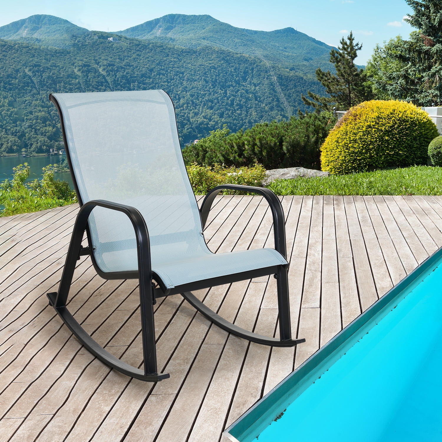 IULULU Mesh Sling Steel Outdoor Garden Relaxing Rocking Chair with Weather Resistant, Blue