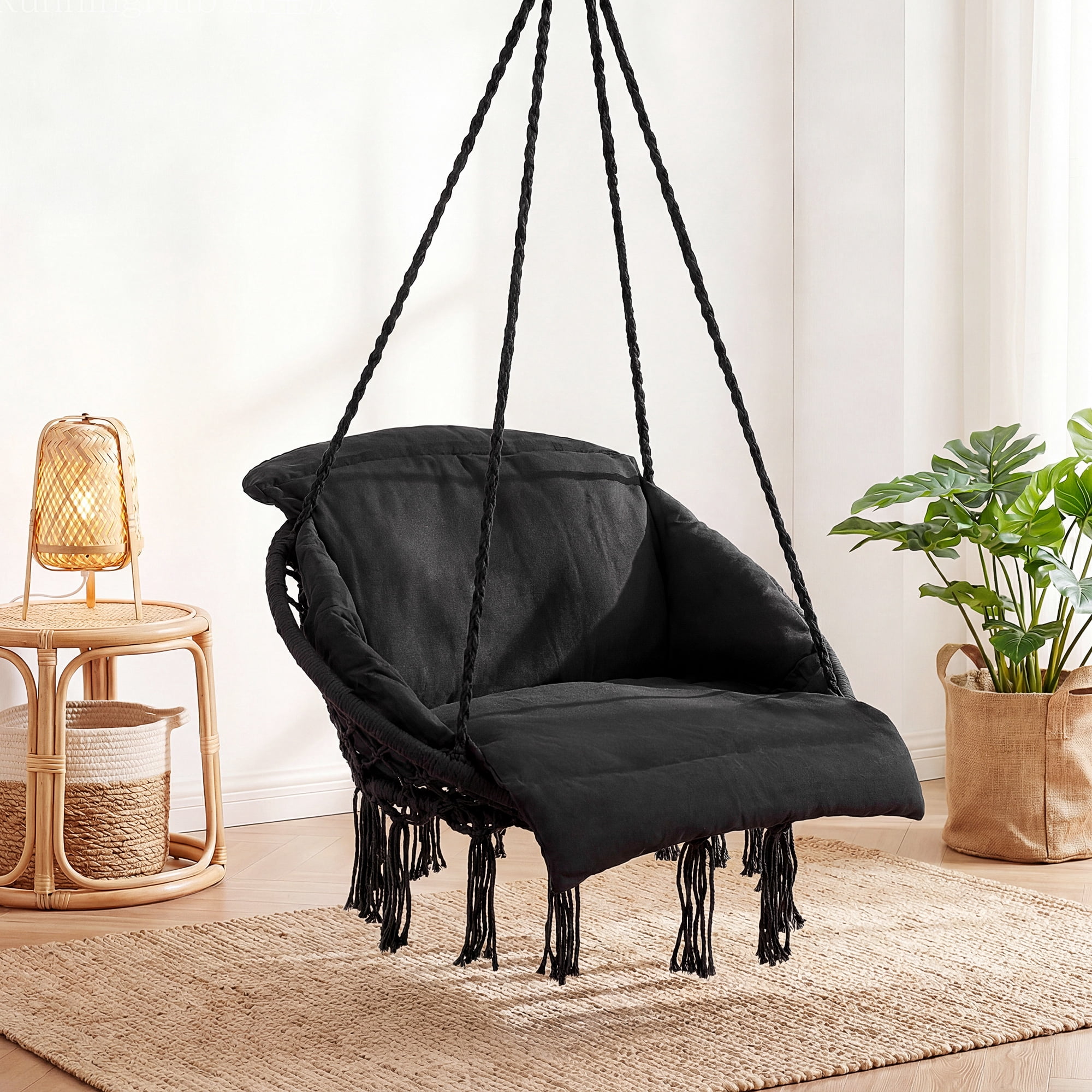 IULULU Single Hammock Hanging Chair with Oversized Padded Cushion Hammock Swing，Black