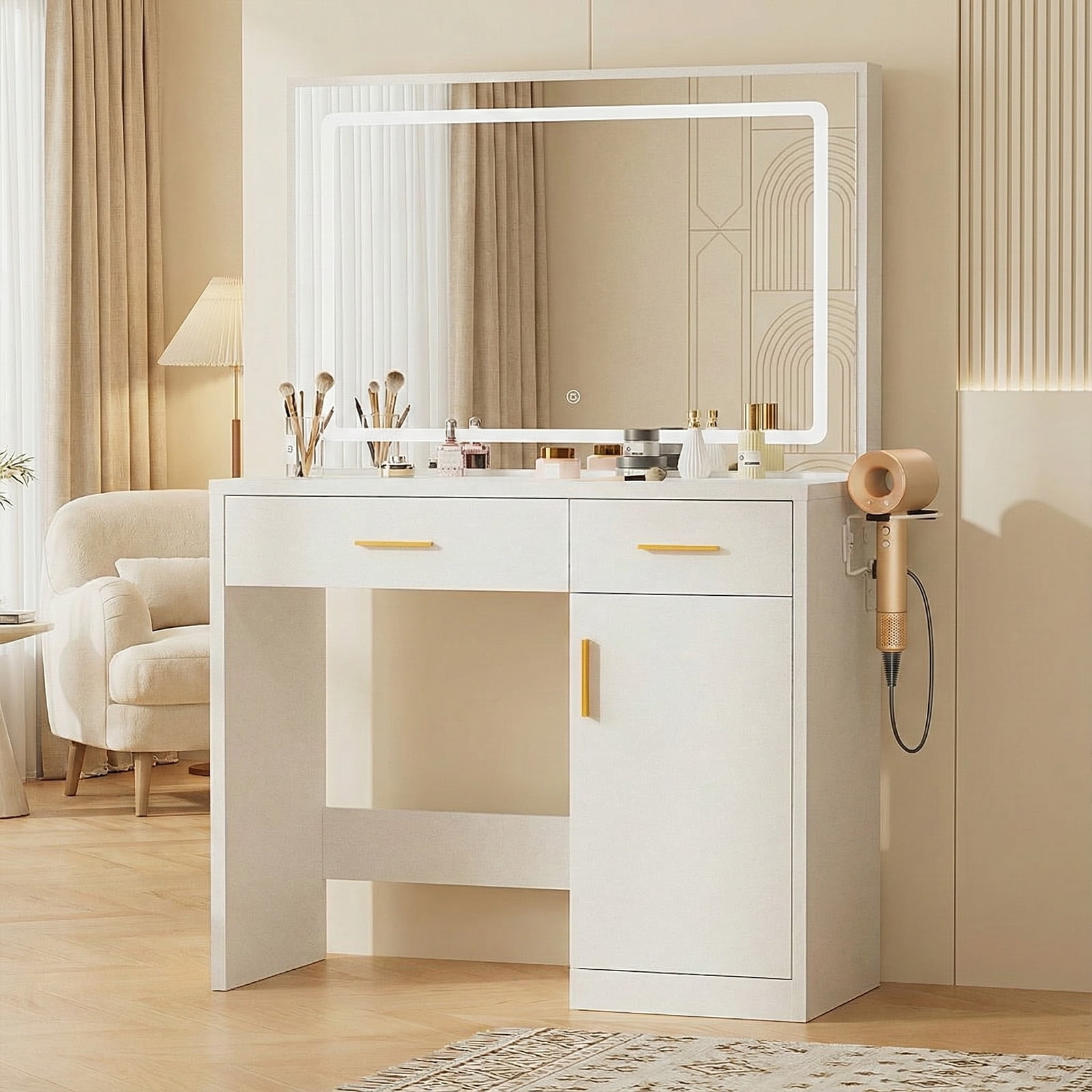IULULU Vanity Desk with LED Mirror, Makeup Vanity Table with Hair Dryer & Power Outlet, 2-Drawer Dressing Table for Bedroom,White