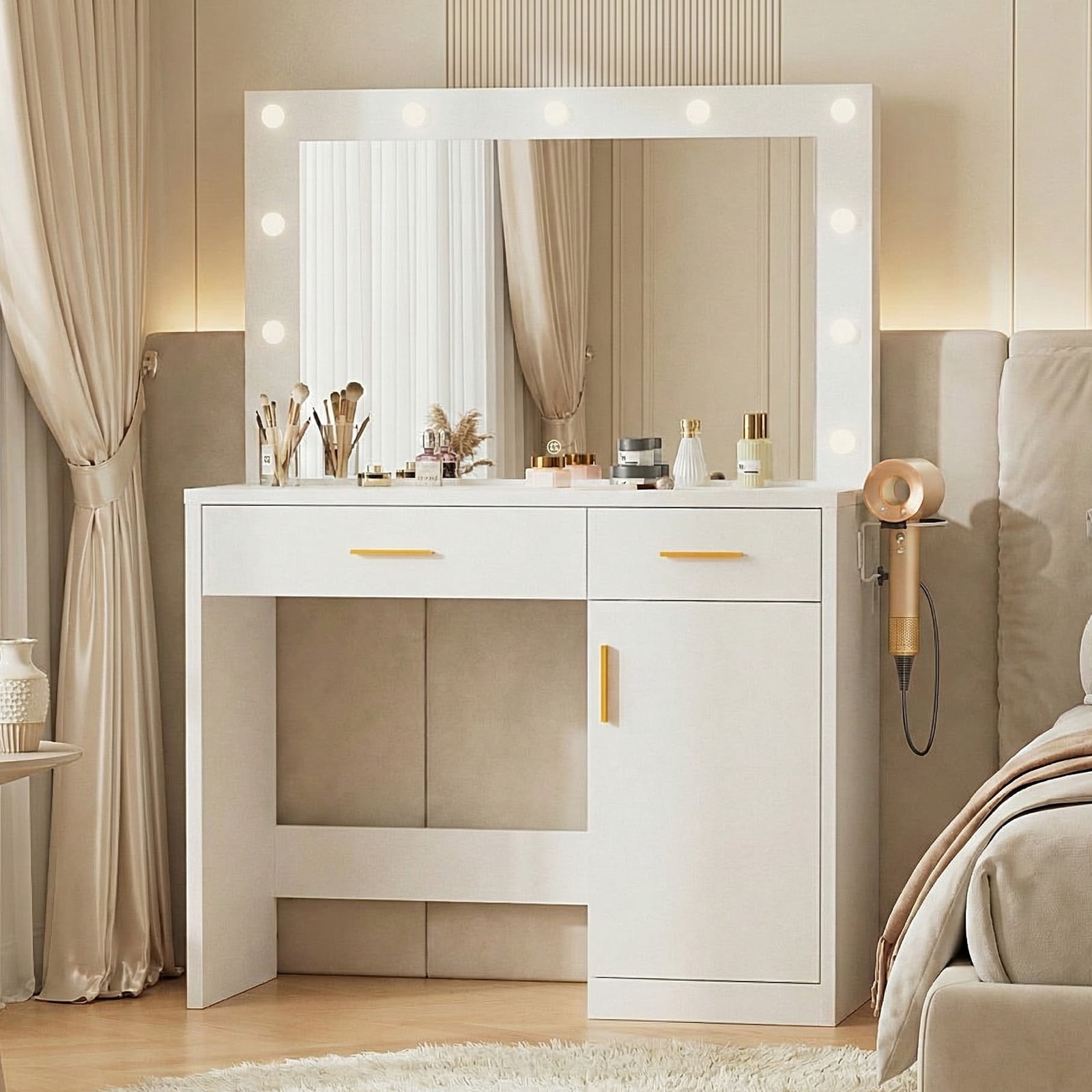 IULULU Vanity Desk with Mirror and 11 LED Lights, Makeup Vanity Table with Hair Dryer & Power Outlet, 2-Drawer Dressing Table for Bedroom,White