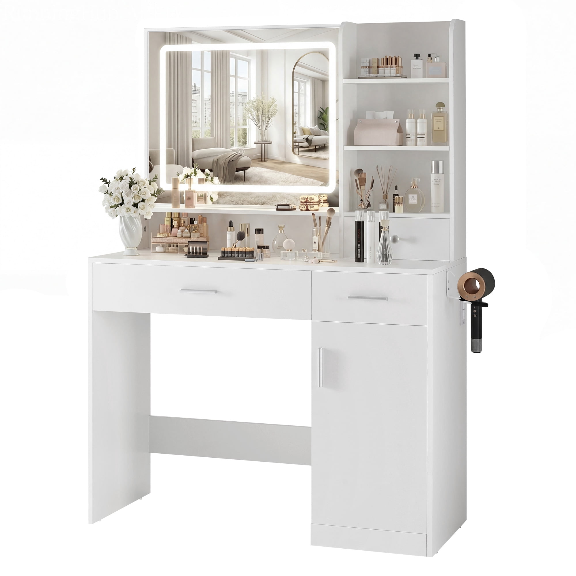 IULULU 2-in-1 Dressing Table with LED Lighted Mirror, Modern Vanity Table with Stool & 2 Drawers, Compact Makeup Desk for Bedroom, White