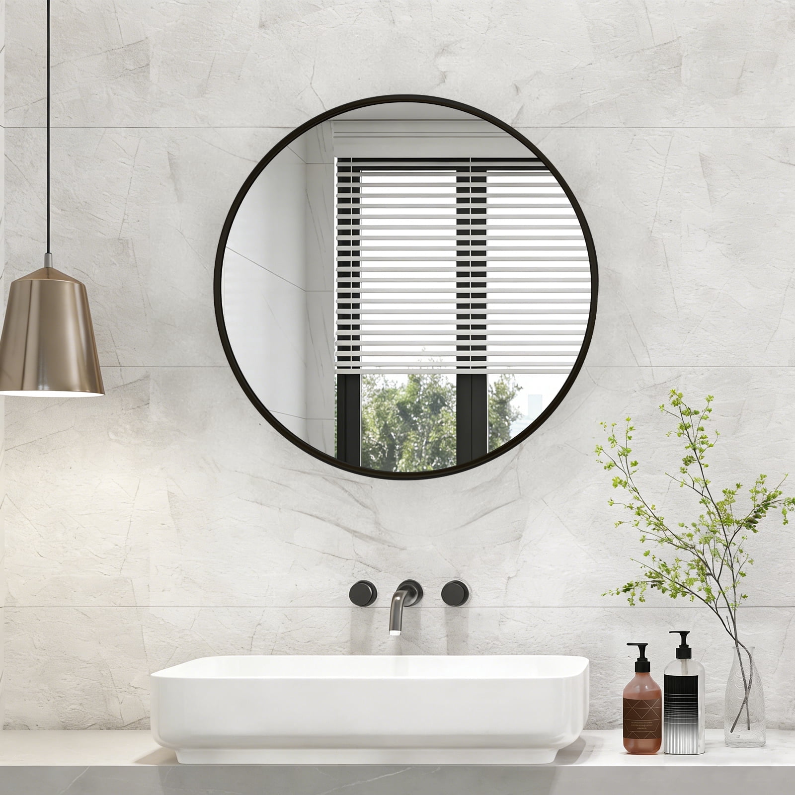 IULULU 28-Inch Round Aluminum Wall-Mounted Mirror , Equipped With a Convenient Hook, Blcak