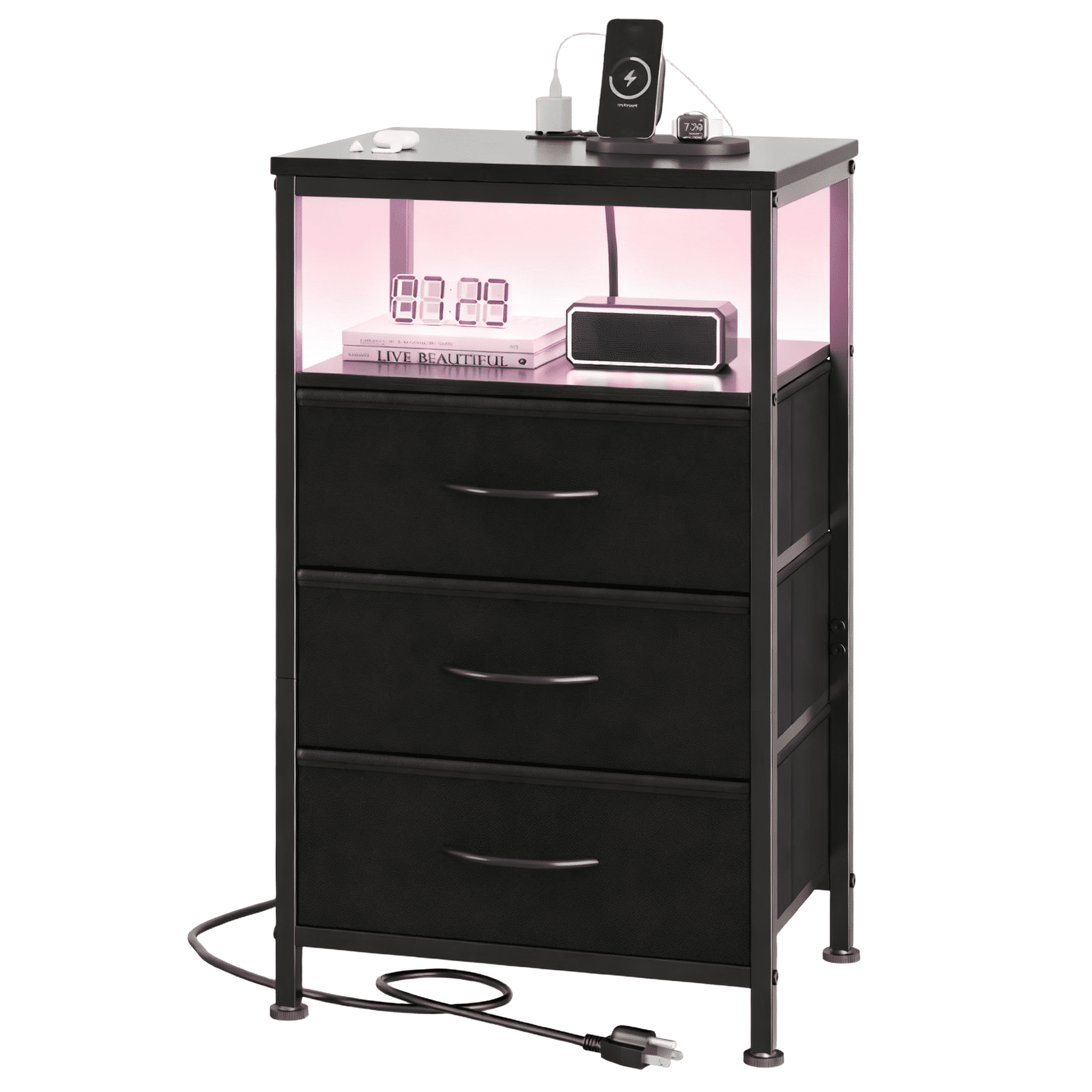 IULULU 3 Fabric Drawers Nightstand with Charging & USB/Type-C Ports, Variable Light with Adjustable Feet for Bedroom, Black