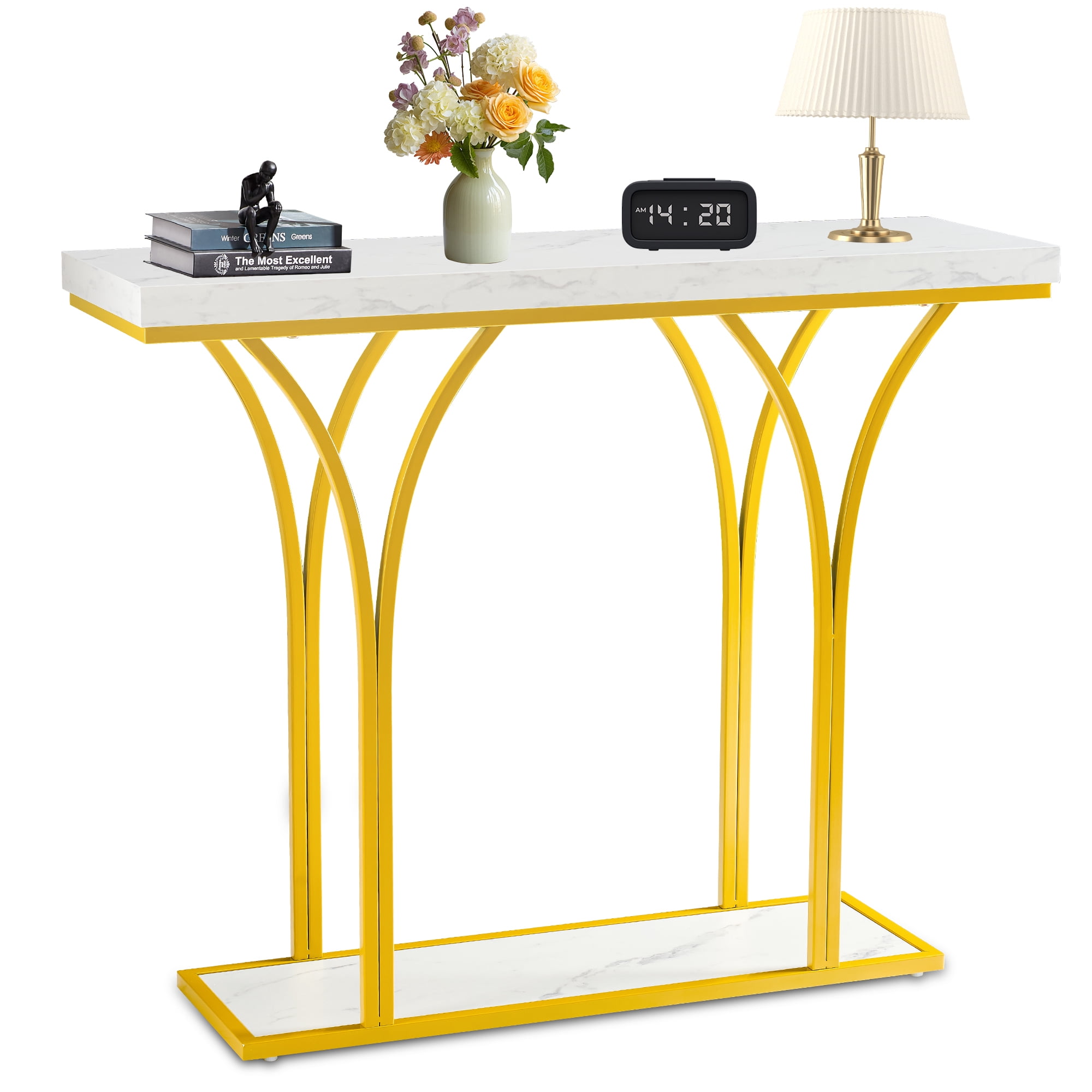 IULULU 31.5" Entryway Table 2-Tier for Entrance, Sofa Coffee Desk Home Furniture with Storage Shelves, Metal Artificial Marble, White & Gold