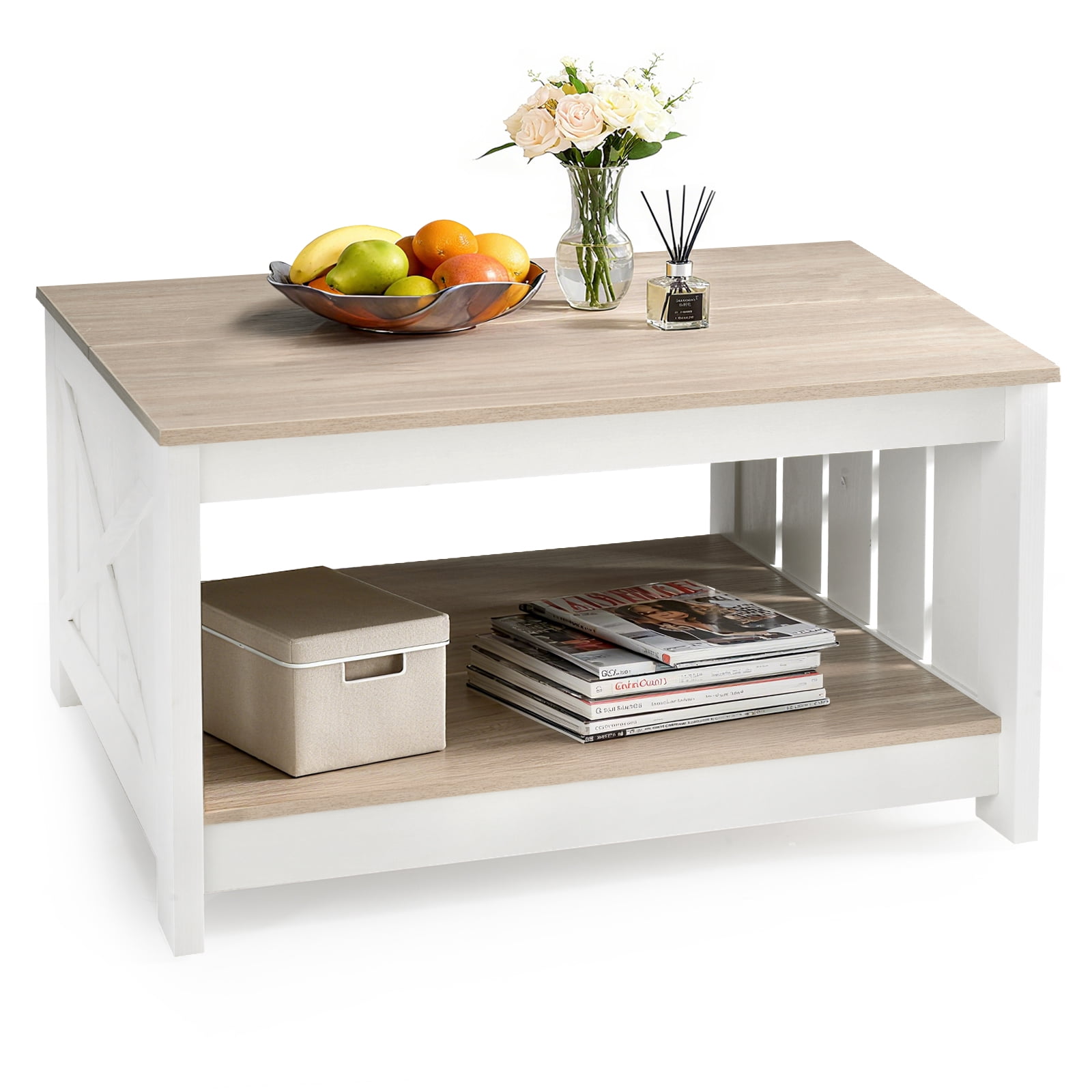 IULULU 31.5" Square Coffee Table with Storage Shelf, 2-Tier Wood Center Table for Living Room, Cocktail Table with X-Side Design, Modern Gray & White