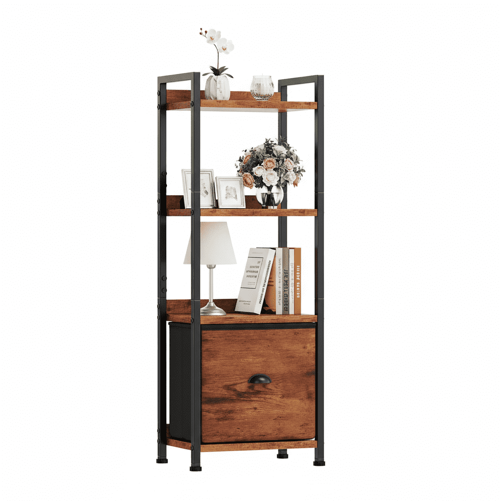 IULULU 4-Tier Slim Bookshelf with Fabric Drawer, Tall Narrow Wood & Metal Storage Shelf Unit, Space Saving Bookcase for Living Room, Bedroom, Office, Rust Brown