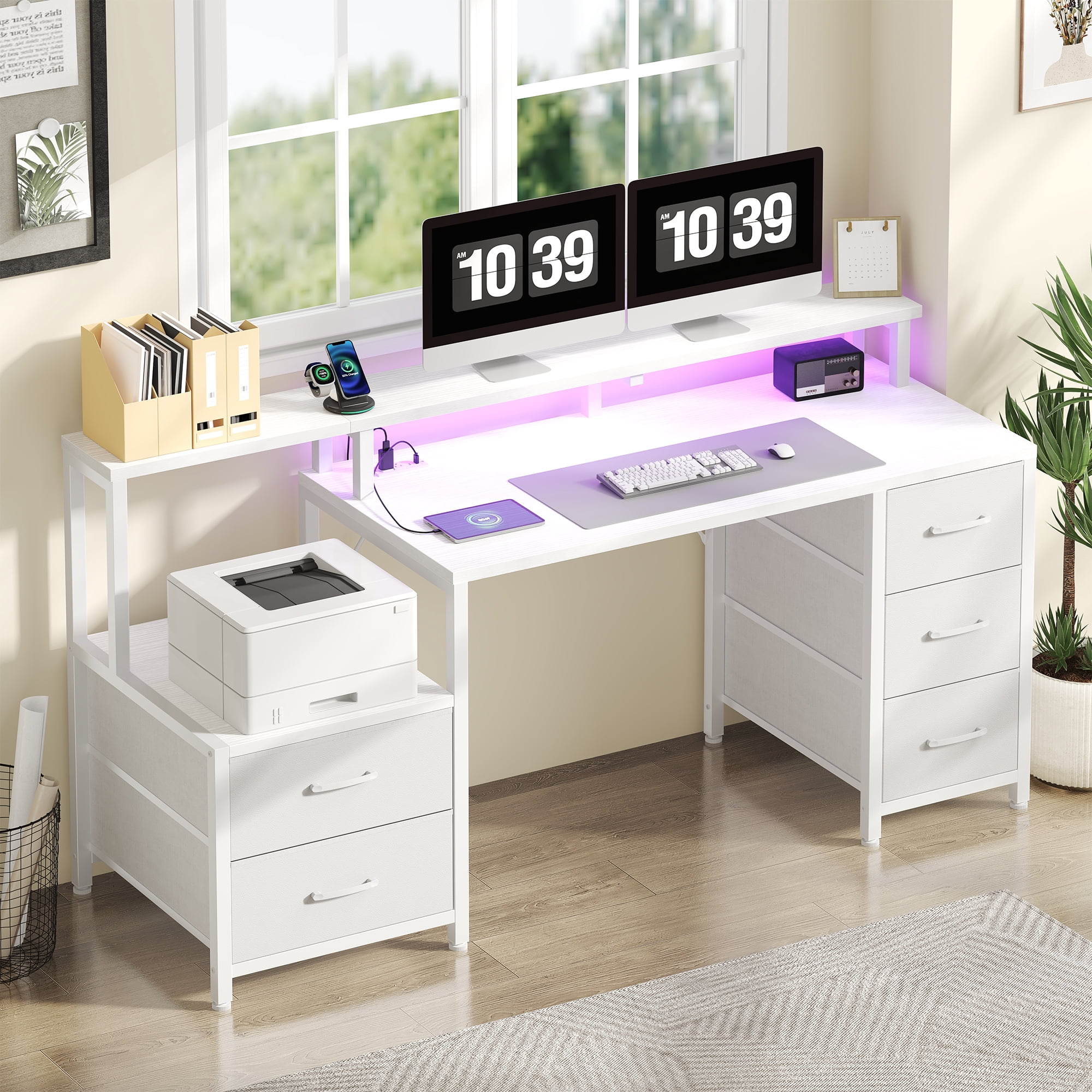 IULULU 67'' Computer Desk with 4 Drawer, Printer Cabinet and Power Outlet,White