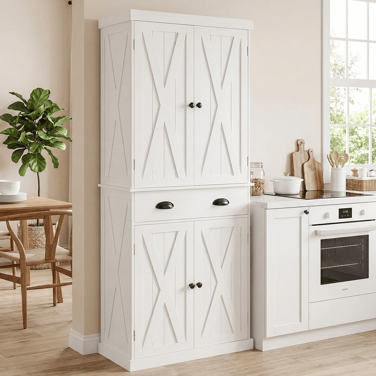 IULULU 72''H Kitchen Pantry Storage Cabinet with Drawers and Adjustable Shelves,White