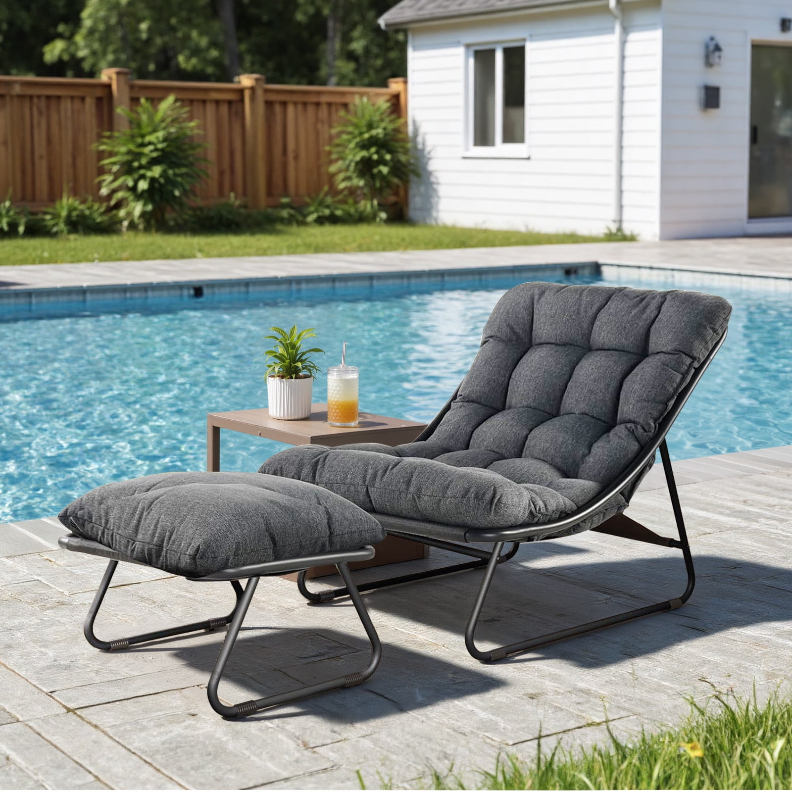 Indoor &Outdoor Lounge Chair, Comfy Reading Chairs Set with Padded Cushion and Footstool for Movie Watching, Leisure,Relaxing, Dark Grey