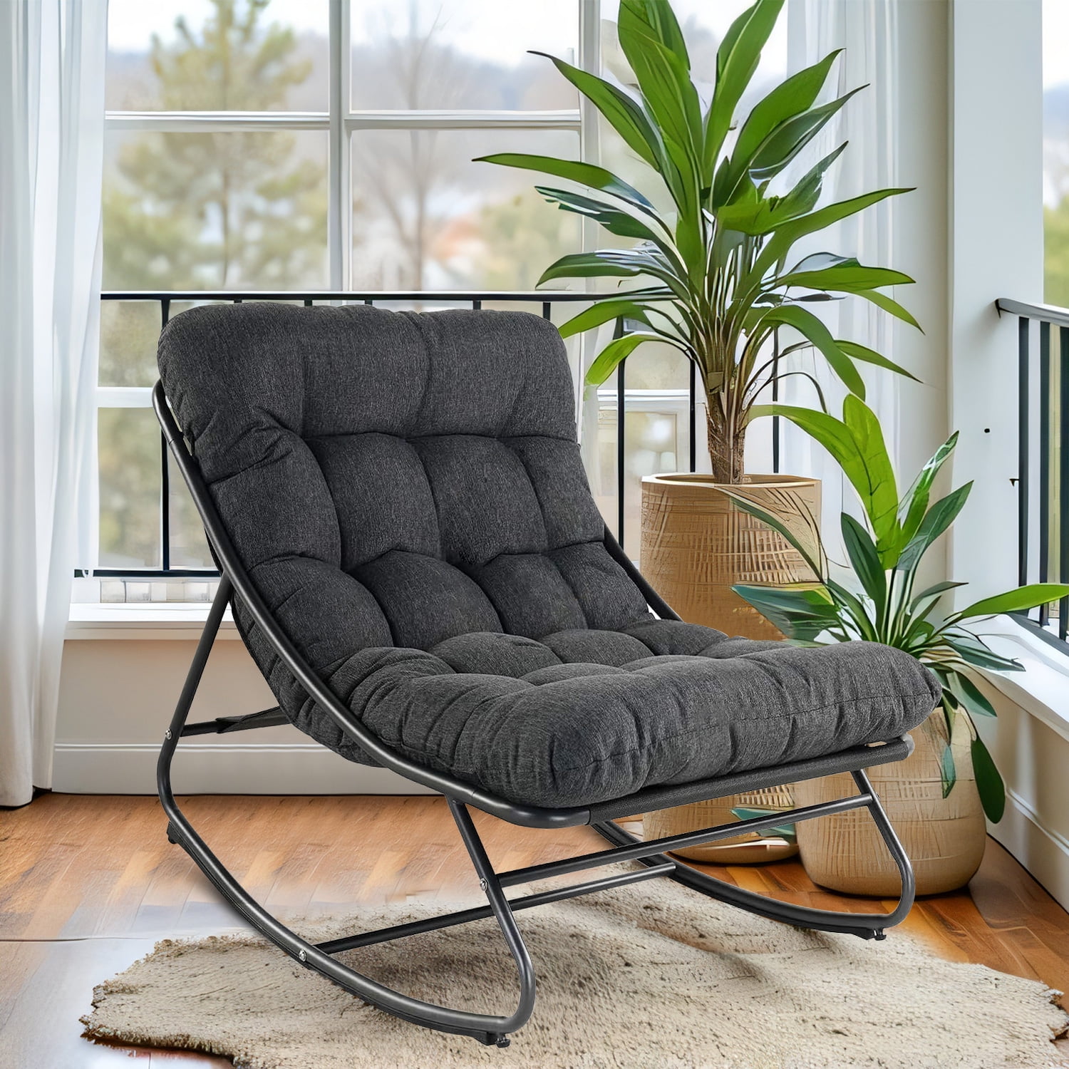 Indoor &Outdoor Oversized Rocking Chair, Comfy Reading Chairs Set with Padded Cushion for Movie Watching, Leisure,Relaxing, Dark Grey