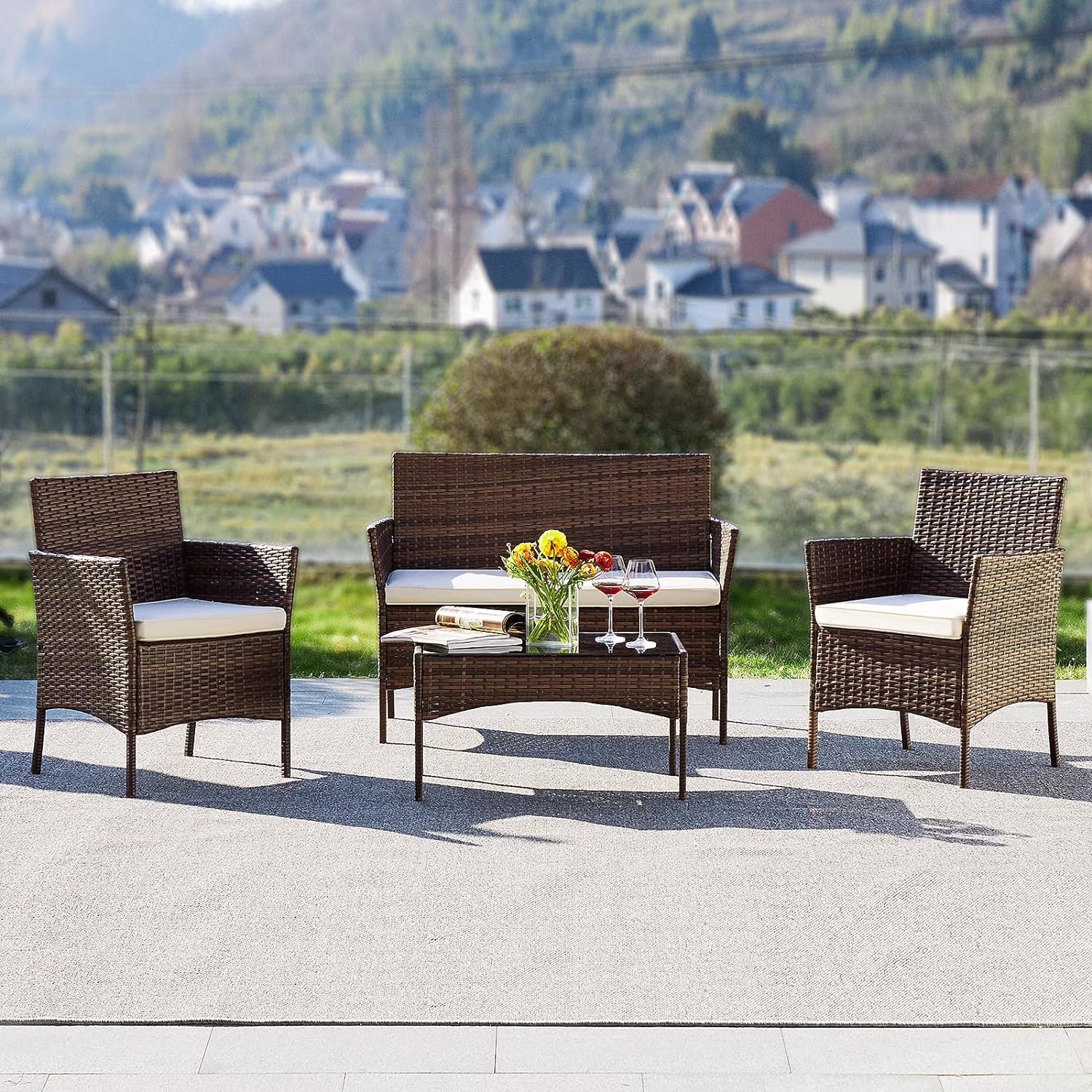 Patio Furniture Set, 4 Pieces All-Weather Rattan Outdoor Furniture Patio Chairs with Tempered Glass Table for Porch Bistro Balcony,Beige