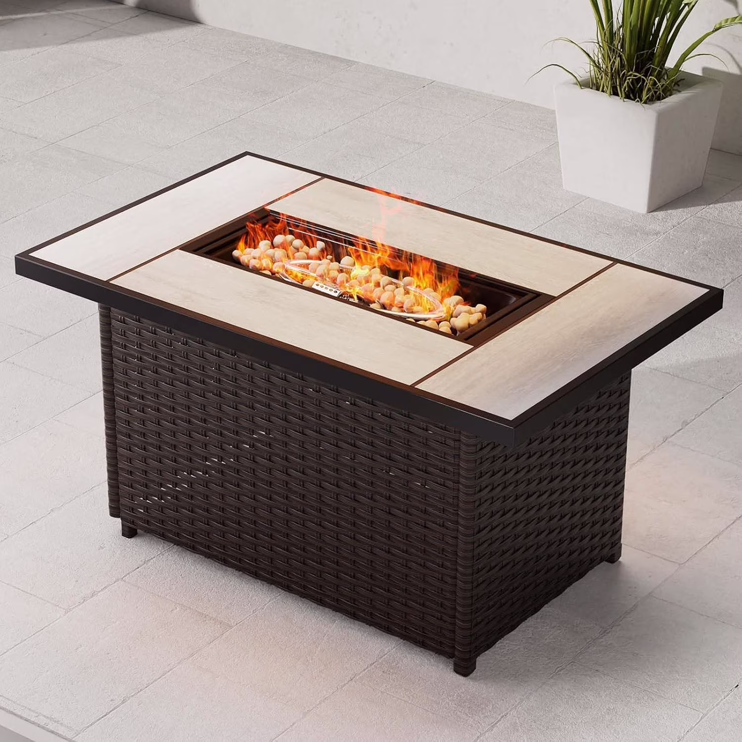 Propane Fire Pit Table with Cover/Lid for Patio, 43 inch 50,000 BTU, All-weather Resin Wicker/Rectangle