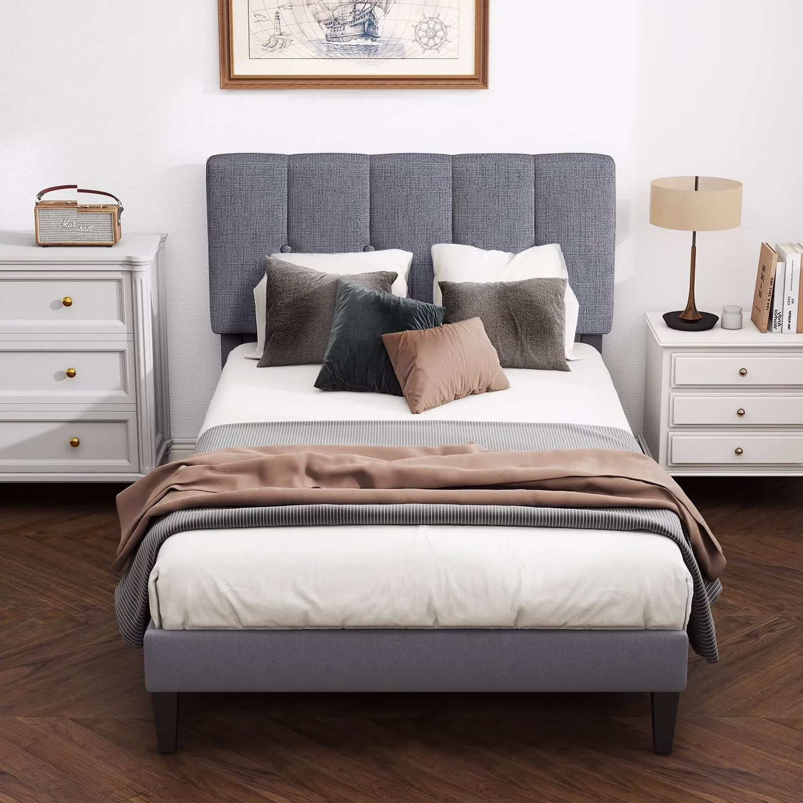 Twin Bed Frames with Headboard, Upholstered Platform Bed with Wood Slats 800 lbs Support , Noise Free, No Box Spring Needed, Gray