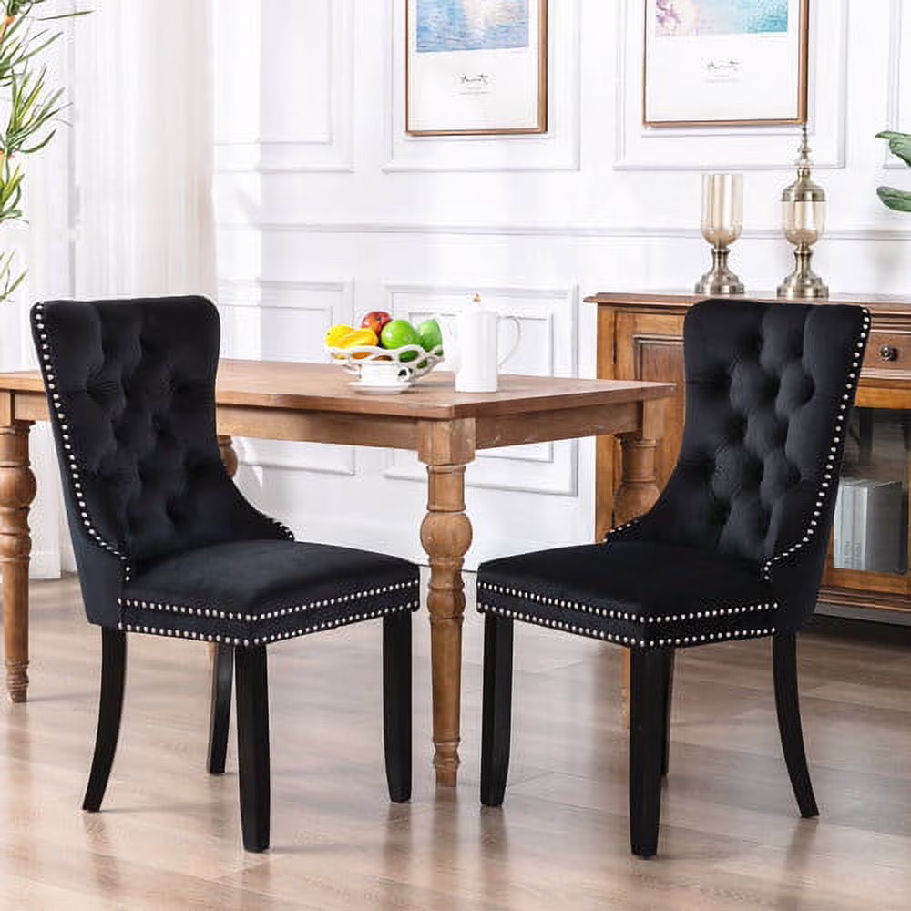 Velvet Dining Chairs Set of 2, Upholstered Dining Chair with Nailhead Trim and Solid Wood Legs, Navy Luxury Wingback Dining Side Chair for Living Room, Bedroom, Kitchen(Black)