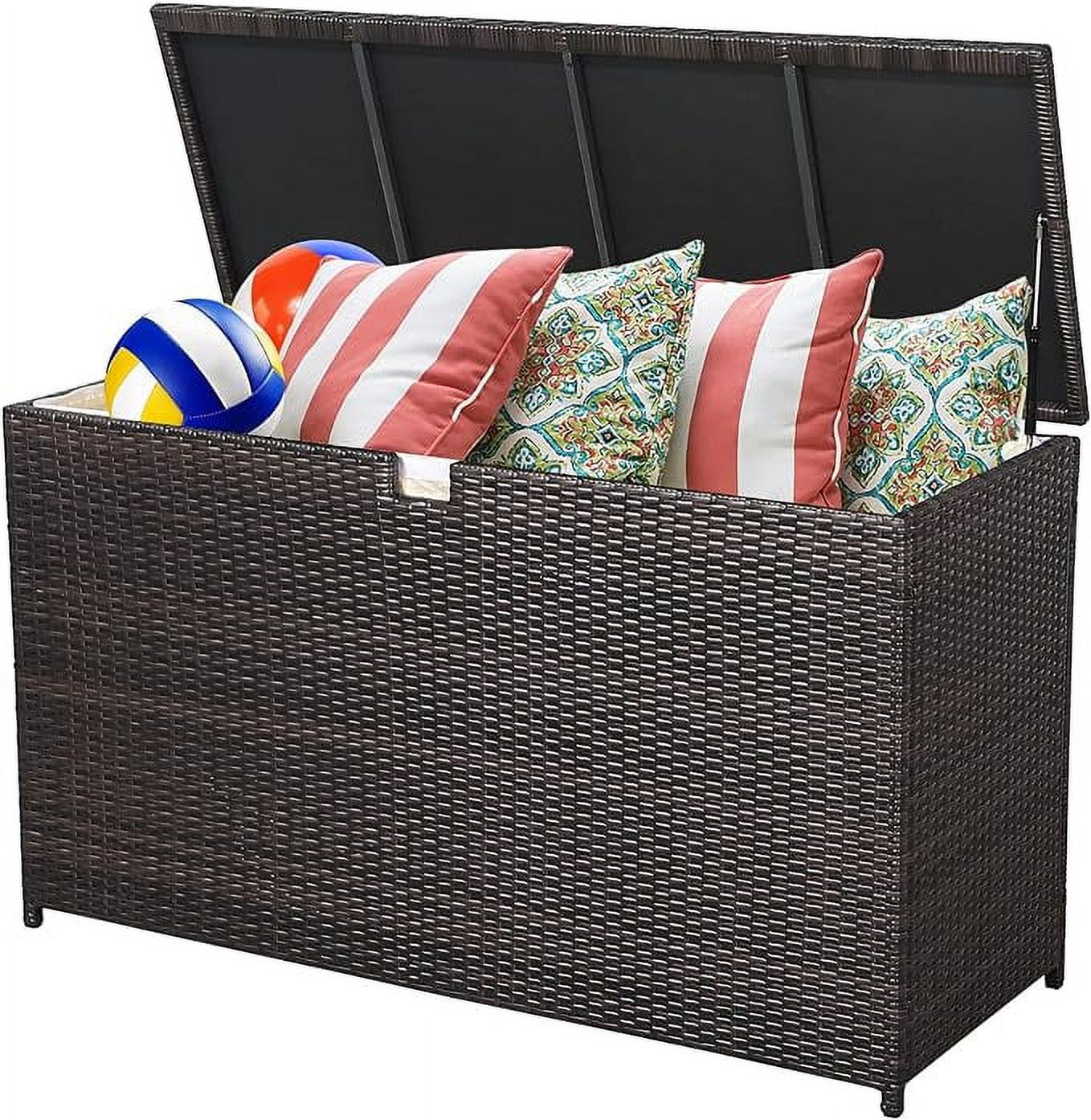 120 Gallon Outdoor Storage Box with Waterproof Inner, Large Wicker Patio Storage Bin, Deck Boxes for Cushions, Garden Tools, Pool Toys, Aluminum Frame, Brown