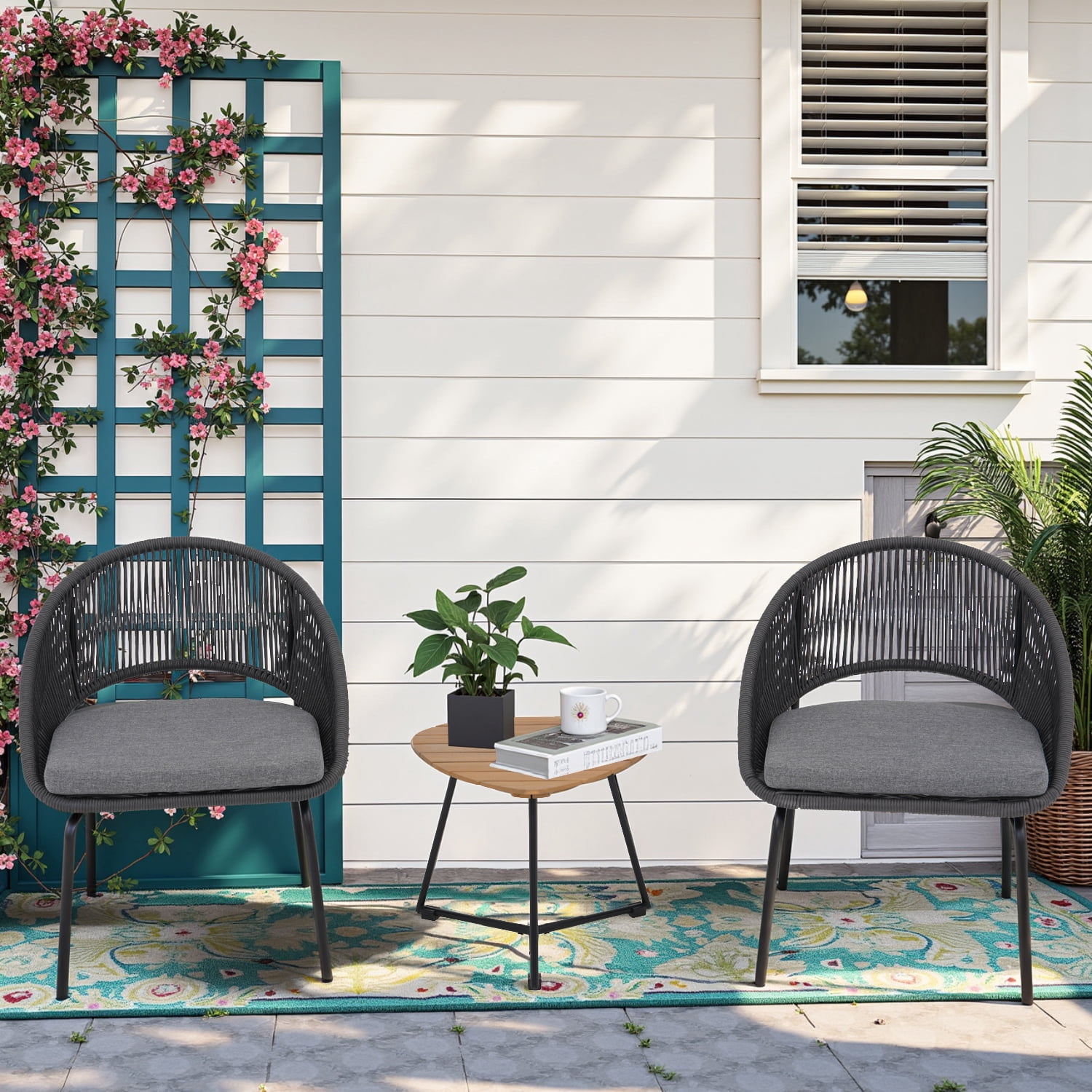3-Piece Outdoor PE Rattan Bistro Furniture Set Patio Rattan Conversation Set Patio Furniture Set Glass Coffee Table Top and 2 Chairsfor Yard Garden Porch Bistro, White
