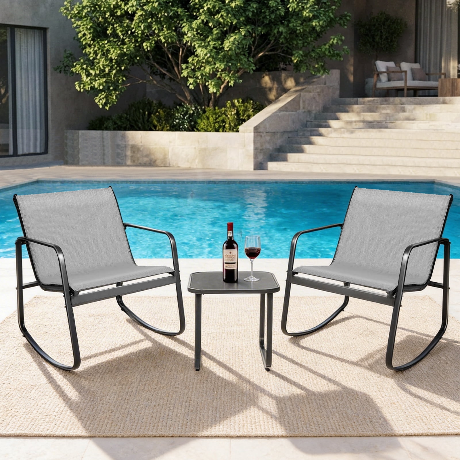 3-Piece Patio Set, Outdoor Wicker Bistro Set, Rattan Chair Conversation Sets with Coffee Table and Cushions, Gray
