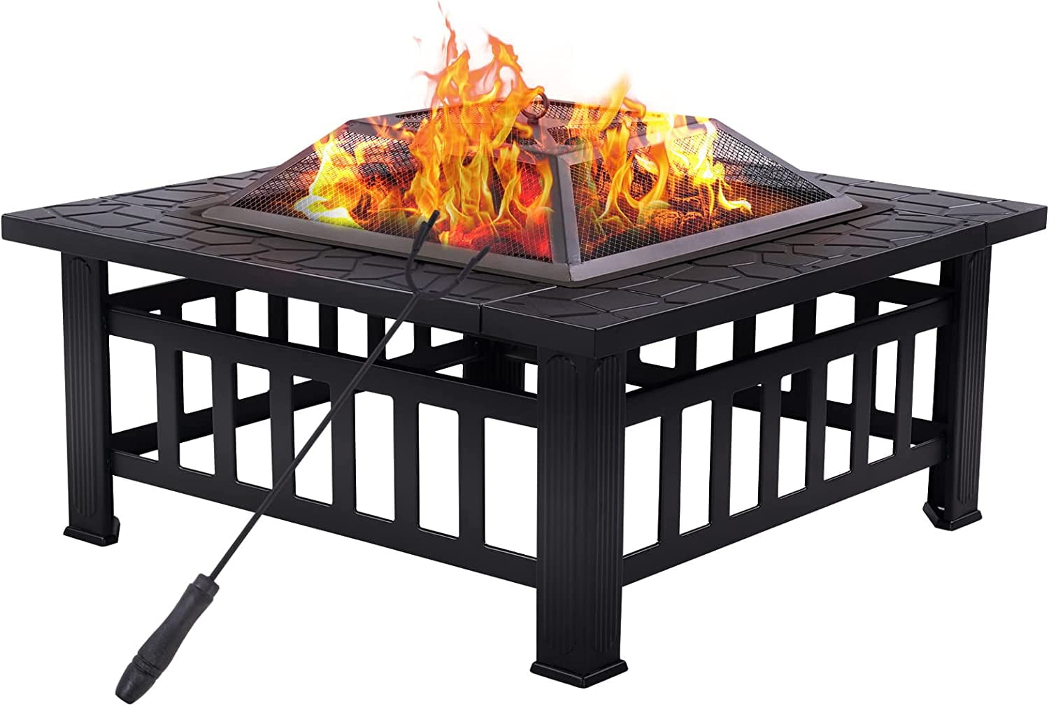 32" Steel Square Fire Pit for Outside, Wood Burning Outdoor Firepit Includes Fire Poker and Cover, for Outdoor Heating, Garden,Backyard,Camping,Black